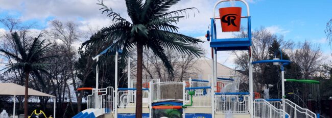 This one-of-a-kind splash pad has waterguns, sprays, three slides and a 300-gallon tipping bucket.