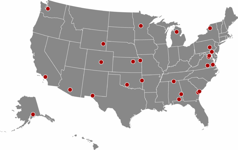 US map showing locations Lamp Rynearson has performed obstruction surveys at federal sites.