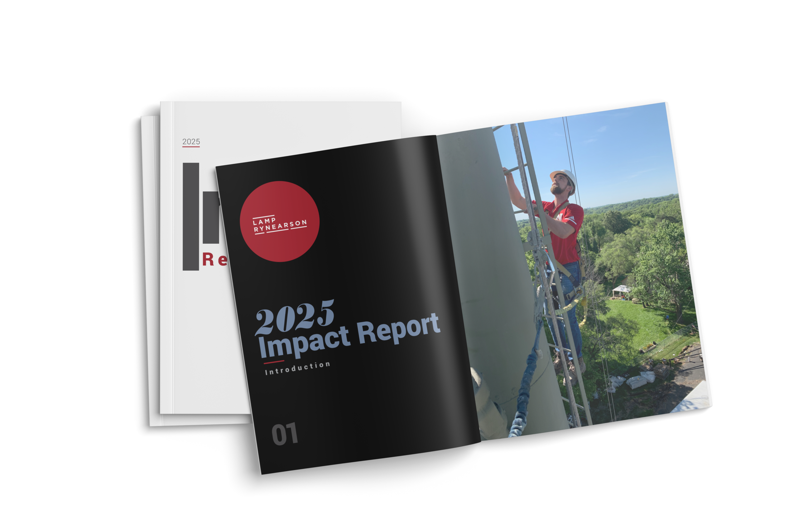 Impact Report document opened up to an image spread of an engineer inspecting a water tower